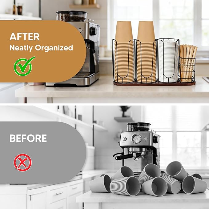 4-Compartment 18oz Coffee Cup Dispenser Rack with Wood Base, Disposable Cup Holder,Cup and Lid Holder with Straw Organizer,for Stirrers Pod Countertop, Plastic Cup Station