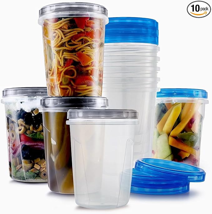 Tafura 10 Pack Leakproof Freezer Containers for Food with Twist Top Lids - 32 Oz -Black/Blue Lids