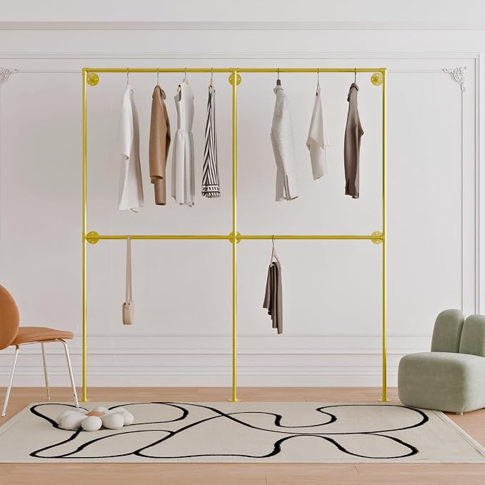 Gold Industrial Pipe Clothing Rack 75" W Wall Mounted, Heavy Duty Iron Garment Rack 150 lbs per Rod, Open Closet Organizer for Bedroom Laundry Room Retail Display