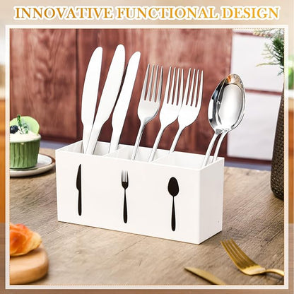 Suzile Acrylic Cutlery Storage Organizer Bin Silverware Caddy Countertop Knife Spoon and Fork Holder Kitchen 3 Section Tableware Storage Box for Cabinet Indoor Home Flatware Dining Room (White,M)