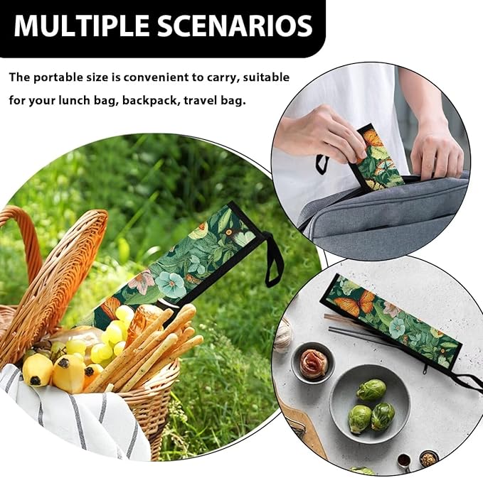 COEQINE Butterfly Utensil Holder Green Portable Fork Spoon Knife Organizer Hawaii Style Work Storage Case With Handles Zipper Chopstick Case Silverware Case With Handles for Travel