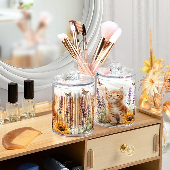 4 Pack Qtip Holder Dispenser Lavender Cat Sunflower Cotton Ball Swab Round Pads Floss Clear Bathroom Storage Containers Plastic Apothecary Jars with Lids