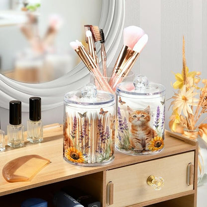 4 Pack Qtip Holder Dispenser Lavender Cat Sunflower Cotton Ball Swab Round Pads Floss Clear Bathroom Storage Containers Plastic Apothecary Jars with Lids