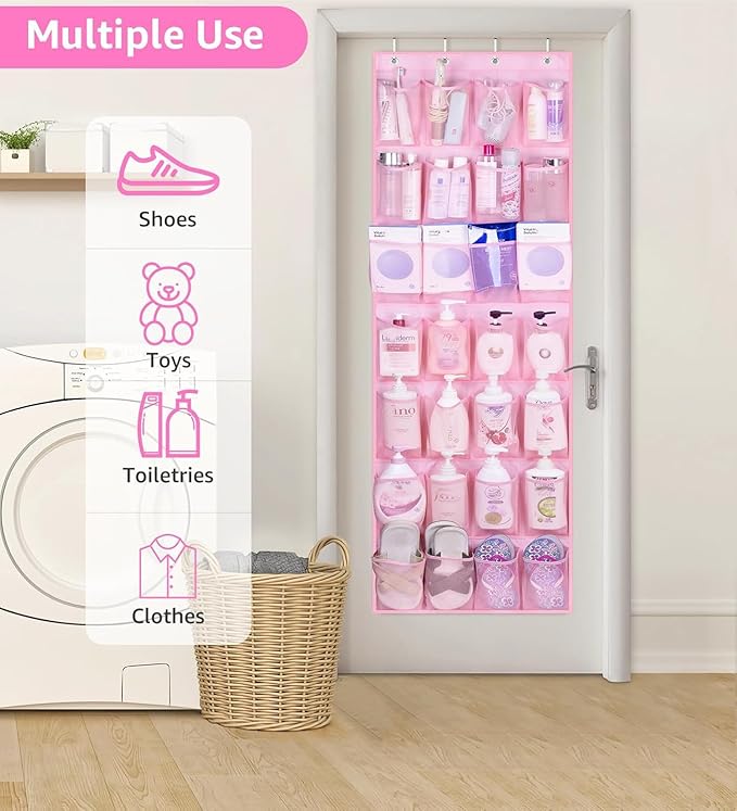 MISSLO Kids Over the Door Shoe Organizer Pink Hanging Shoe Rack Baby Toddler Hanging Shoe Organizer Cute Shoe Holder Girl Room Decor 28 Pockets