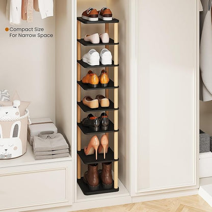 LUCKNOCK Vertical Shoe Rack, 8-Tier Tall Narrow Shoe Organizer for Entryway, Closet, Dorm & Small Spaces, Freestanding Wooden Shoe Shelf Tower for Boots, Sneakers, Heels. (Black)