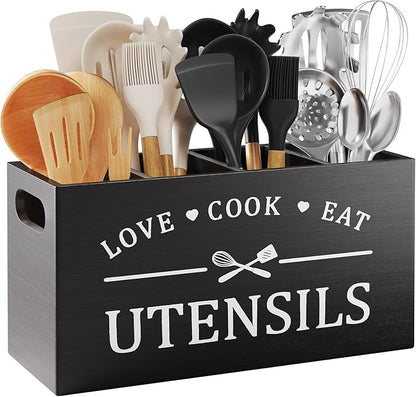 Extra Large Utensil Holder for Kitchen Counter with 4 Compartments, Kitchen Cooking Utensils Holder for Countertop,Black Wooden Utensil Caddy for Farmhouse Spatula,Cutlery,Wood Wall Mounted Organizer