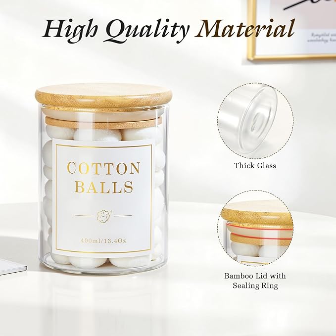 Luxspire 3 Pack Glass Qtip Holder Dispenser, 13.4 oz Cotton Swab Holder with Bamboo Lids, Glass Apothecary Jars Bathroom Accessories Canisters for Cotton Swabs, Balls, Pads, Floss Picks