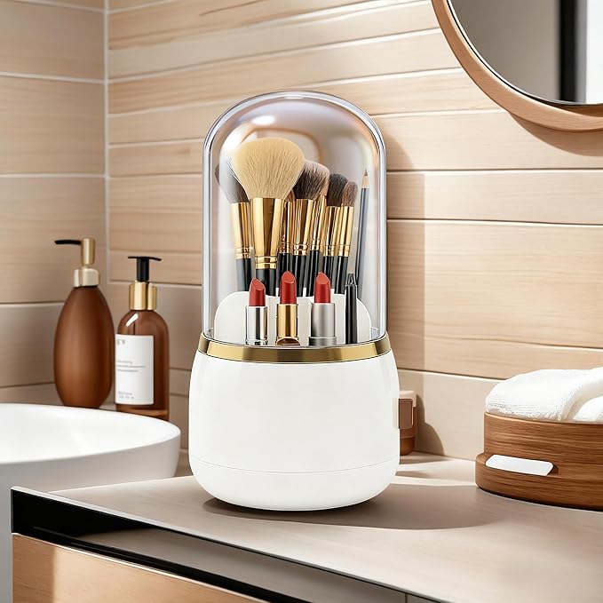Toothbrush Holder with Lid Cosmetic Tools Organizer 360 Rotating 7-Slot Draining Waterproof Dustproof Make Up Brushes Toothbrush Storage for Dresser Vanity Bathroom Countertop