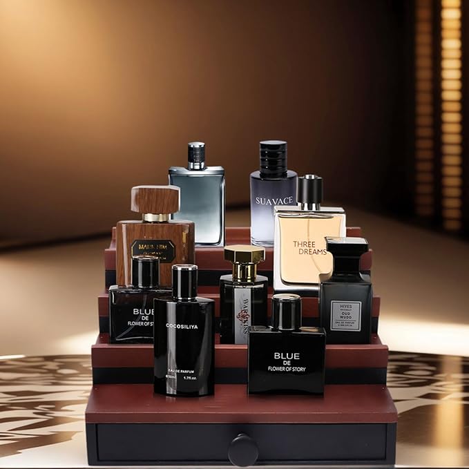 Cologne Organizer for Men - 4 Tier Walnut Black Wooden Cologne Display Stand with Drawer and Hidden Compartment, Mens Cologne Holder Shelf for Organizing and Storing, Walnut Black