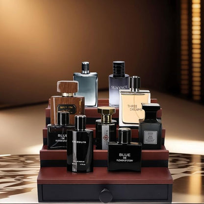 Cologne Organizer for Men - 4 Tier Walnut Black Wooden Cologne Display Stand with Drawer and Hidden Compartment, Mens Cologne Holder Shelf for Organizing and Storing, Walnut Black