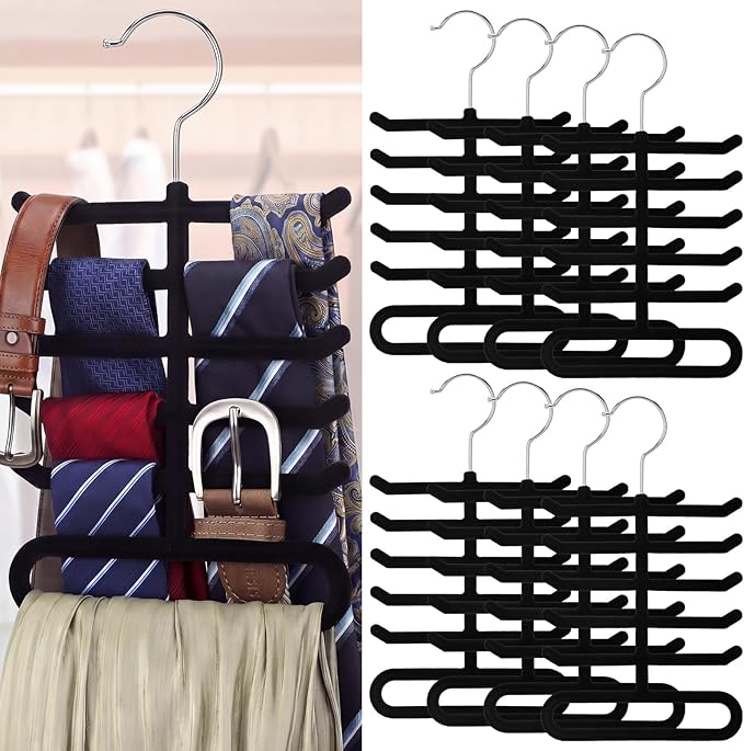 Kathfly 8 Pcs Tie Hanger Organizer, Non-Slip Velvet Closet Rack with 360° Swivel Hook, Space Saving, Holds Ties Belts & Scarves, Durable Multi-Layer Hanger for Closet, Black Flocked