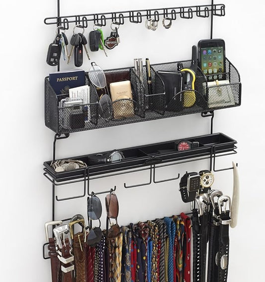 Over The Door/Wall Hanging Men's Tie and Belt Rack Organizer Valet Patented in Black 43 Hooks for Men’s Organization
