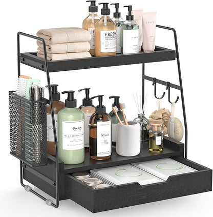 2-Tier Bathroom Counter Organizer with Drawer & Removable Basket, Wood & Metal Vanity Organizer for Skincare, Makeup, Perfume, Toiletries, Small Bathroom Counter Shelf, 13'' Black