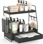 2-Tier Bathroom Counter Organizer with Drawer & Removable Basket, Wood & Metal Vanity Organizer for Skincare, Makeup, Perfume, Toiletries, Small Bathroom Counter Shelf, 13'' Black