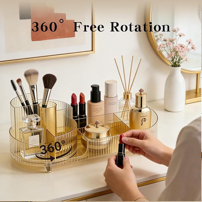 Rotating Makeup Organizer Desktop Cosmetic Storage Box 360° Rotation Beauty Organizer Rack Transparent Gold