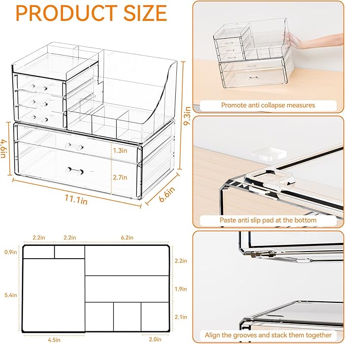 Yieach 2 Pack Clear Makeup Organizer Countertop for Dresser,Vanity and Bathroom Counter Organizer,Tiered Stackable Makeup Acrylic Organizers with 5 Drawer for Skincare,Brush and Make up Holders