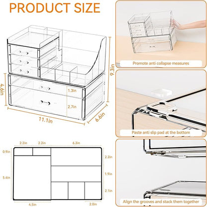 Yieach 2 Pack Clear Makeup Organizer Countertop for Dresser,Vanity and Bathroom Counter Organizer,Tiered Stackable Makeup Acrylic Organizers with 5 Drawer for Skincare,Brush and Make up Holders