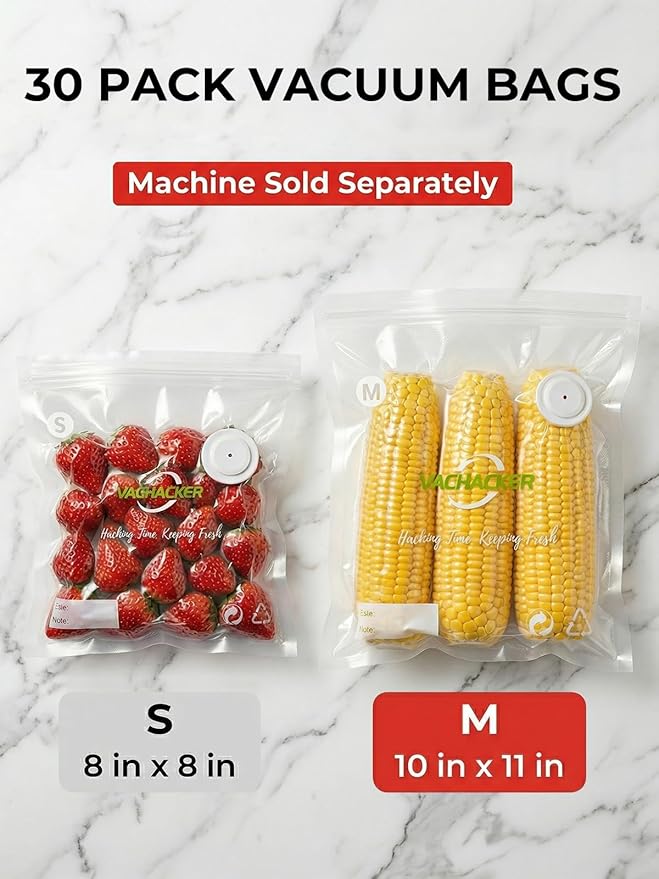 30 Pack Reusable Vacuum Sealer Bags with Valve, 10"x11" BPA Free&Replacement Bags for Handheld Sealer, Perfect Starter Kit Refill, Dishwasher & Freezer Safe