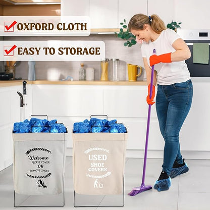 DoubleFill 2 Pcs Shoe Cover Boxes Foldable Storage Baskets for Disposable Shoe Booties, Welcome Please or Remove Sign Socks Storage Bins for Open House Supplies, 20.5 x 11.4 Inches