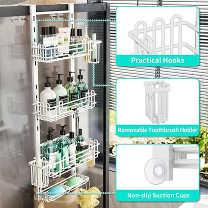 HapiRm 4 Tier Over the Door Shower Caddy, Hanging Shower Caddy with 22 Hooks and 2 Toothbrush Holders, No Drilling Adjustable Hanging Bathroom Organizer - White