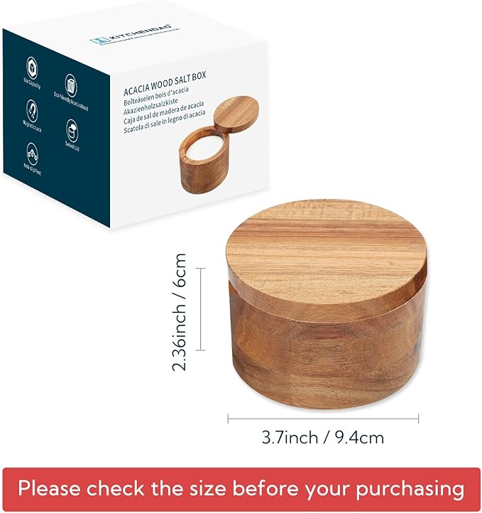 KITCHENDAO Acacia Wood Salt Cellar Bowl Box, Elegant Kitchen Holder Container with Swivel Magnetic Lid to Store Favorite Seasonings Pepper Spice or Bath, 6oz