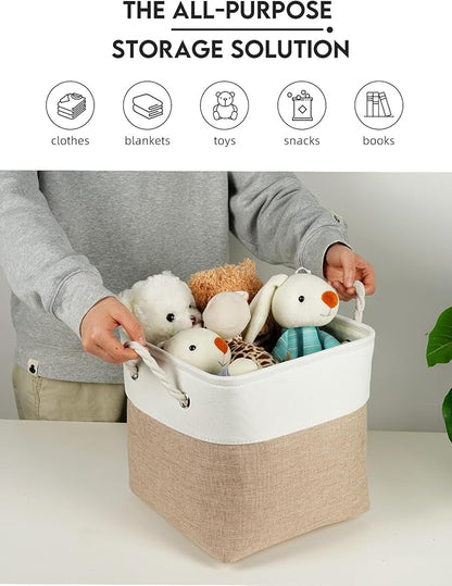 Temary 6-Pack Cube Storage Bins, 11 Inch Foldable Fabric Storage Cubes with Cotton Rope Handles, Sturdy Linen Organizer Baskets with Metal Frame for Shelves, Closet, Nursery (White&Khaki)
