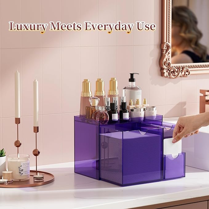Youdepot Acrylic Face Towel Holder with Drawer – 4-Layer Disposable Face Towel Holder Organizer Box – Bathroom Countertop Storage for Cotton Pads, Swabs, and Skincare (Purple)
