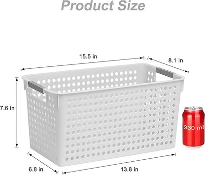 Soddeph Slim Plastic Storage Basket with Handles, Narrow Organizer box for Shelves, Organizer box for Organizing, Kitchen,Home,Office (White, Large)