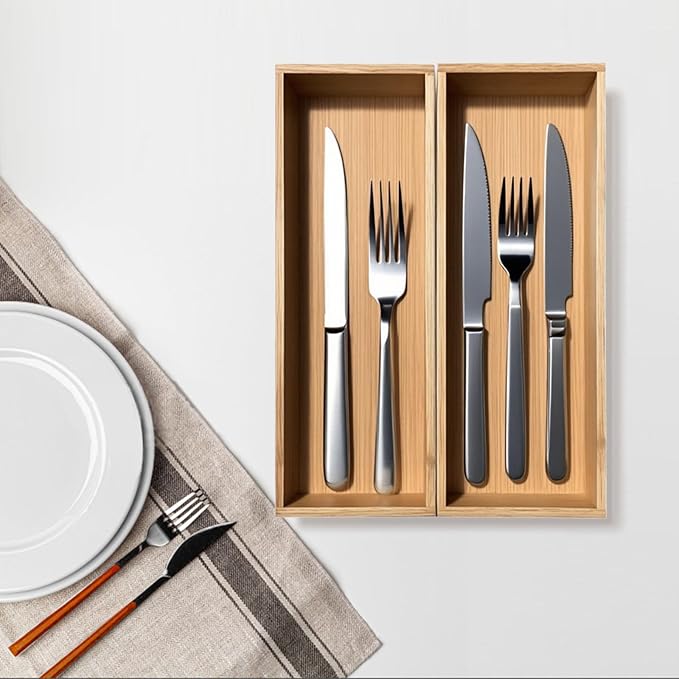 guiogc Bamboo Drawer Silverware Organizer, Silverware Tray, Flatware Organizer, Bamboo Storage Box Suitable for Office, Bathroom and other objects storage (9.85"x3.55"x1.78"- Set of 2)