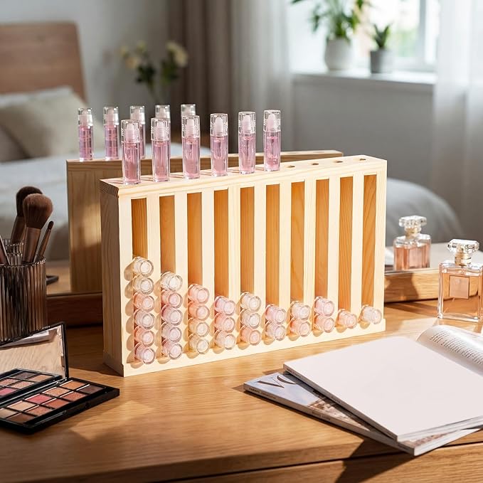 Wonderjune 1 Pcs Wooden Lipsticks Holder 0.7 inch Lip Balm Tube Holder Lip Gloss Organizer Display Wood Lipsticks Tube Tower Organizer for Market Craft Booth Room Display (10 Slot)