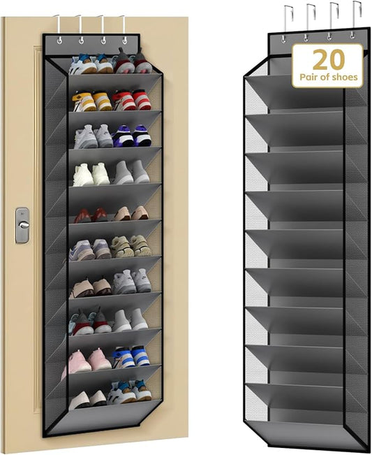 KEEPJOY 10 Tiers Mesh Over Door Shoe Organizer Storage, Hanging Shoe Holder for Door with Large Deep Pockets, Holds 20-30 Pairs of Shoes, Ideal for Sneakers & Boots(Grey)