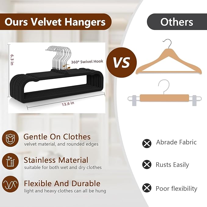 50 Pack Velvet Hangers Non Slip, Felt Pants Hangers Thin Space Saving Clothes Hanger Flocked Strong Durable Ganchos Para Colgar Ropa with 360°Swivel Hook for Pants Jeans Shorts Tank Top, Charcoal Grey