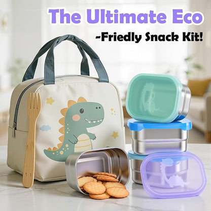 Tanjiae 4×8oz Small Stainless Steel Snack Containers for Kids & Toddlers - 230mL Leakproof Food Containers with Cute Dino Lids | LFGB Certified, Stackable Metal Snack Box for Daycare, School, Travel