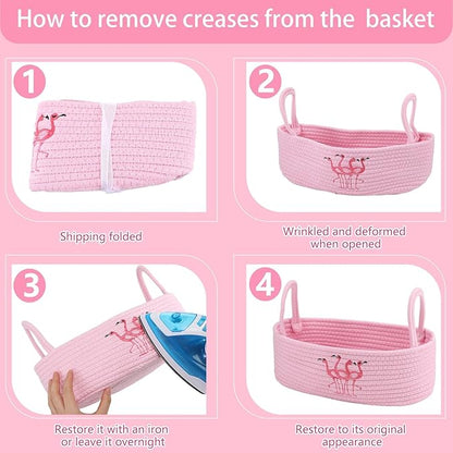 Vesici Pink Flamingo Woven Storage Basket for Toilet Tank Top Boho Cotton Rope Bathroom Countertop Organizer Basket with Handle Pink Bathroom Decor for Bedroom Nursery Toys Organizing, 13 x 6 x 4 Inch