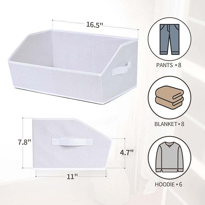 Homsorout Closet Baskets for Shelves - Decorative Storage Baskets with Handle, Trapezoid Closet Bins for Organization, Shelf Storage Bins for Clothes, Books, Home, Office, 8 Pack, White