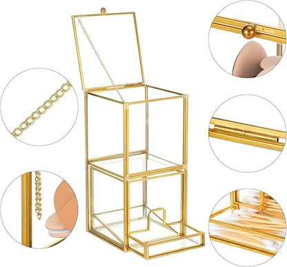 Glass Qtip Holder with Lid, Elegant Glass Q Tip Holder for Bathroom Countertop Organization, 2-Tier Cotton Ball Swab Dispenser with Gold Frame Makeup Pad Cosmetic Storage Case for Vanity Dresser