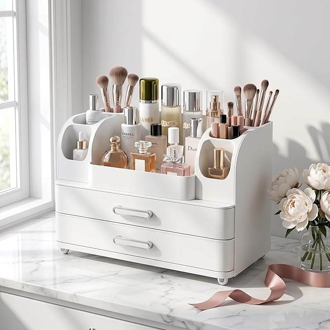 Makeup Organizer with 2 Drawers, Cosmetic Display Case, Storage Holder for Vanity, Bathroom Counter, Desk, Beauty Supplies (All White)