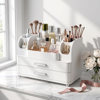 Makeup Organizer with 2 Drawers, Cosmetic Display Case, Storage Holder for Vanity, Bathroom Counter, Desk, Beauty Supplies (All White)