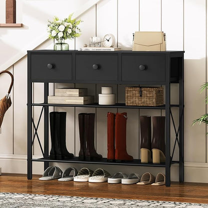 YATINEY 4-Tier Shoe Rack with 3 Drawers, Metal Shoe Organizer for 15 Pairs with Storage Shelves and Wooden Top, for Entryway, Hallway, Foyer, Closet, Black SS34BB