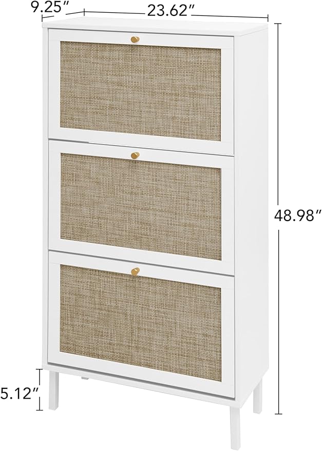 ZeHuoGe Rattan Shoe Cabinet with 3 Flip Drawers, Narrow Hidden Shoe Rack Storage Cabinet for Heels,Slippers, Free Standing Shoe Rack, Entrance Hallway Entryway (White)