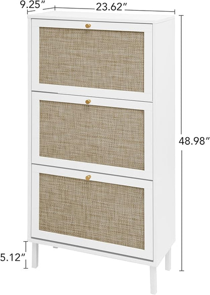 ZeHuoGe Rattan Shoe Cabinet with 3 Flip Drawers, White Narrow Shoe Rack Storage Cabinet with Metal Legs for Heels, Slippers, Entrance Hallway Entryway (White)