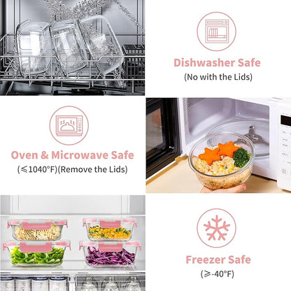 34pcs Glass Food Storage Containers with Lids Set, Airtight Glass Meal Prep Containers (17 Containers & 17 Lids), Leak Proof Lunch Container BPA-Free, Microwave, Oven, Freezer, Dishwasher Safe-PINK