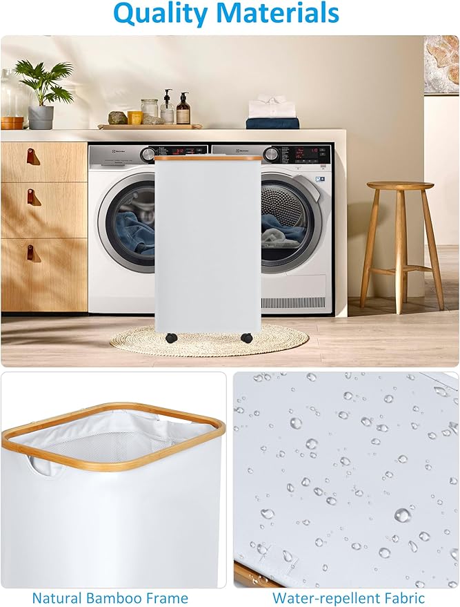 efluky Laundry Basket with Wheels, Tall Rolling Laundry Hamper with Lid and Removable Bag, Aesthetic Dirty Clothes Hamper on Wheels for Laundry Room, Bedroom, Dorm and Bathroom, 100L White