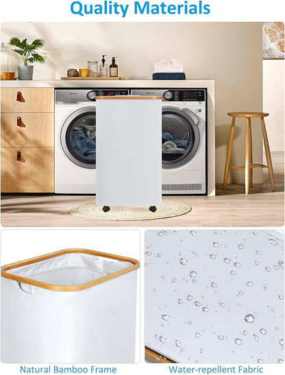 efluky Laundry Basket with Wheels, Tall Rolling Laundry Hamper with Lid and Removable Bag, Aesthetic Dirty Clothes Hamper on Wheels for Laundry Room, Bedroom, Dorm and Bathroom, 100L White