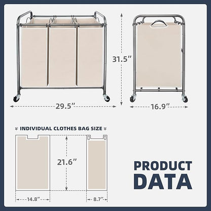 STO STO Laundry Sorter 3 Section, 3 Bag Clothes Hamper, Rolling Laundry Cart Basket with Heavy Duty Lockable Wheels and Removable Bag for Laundry Room, Bedroom, Closet, Beige