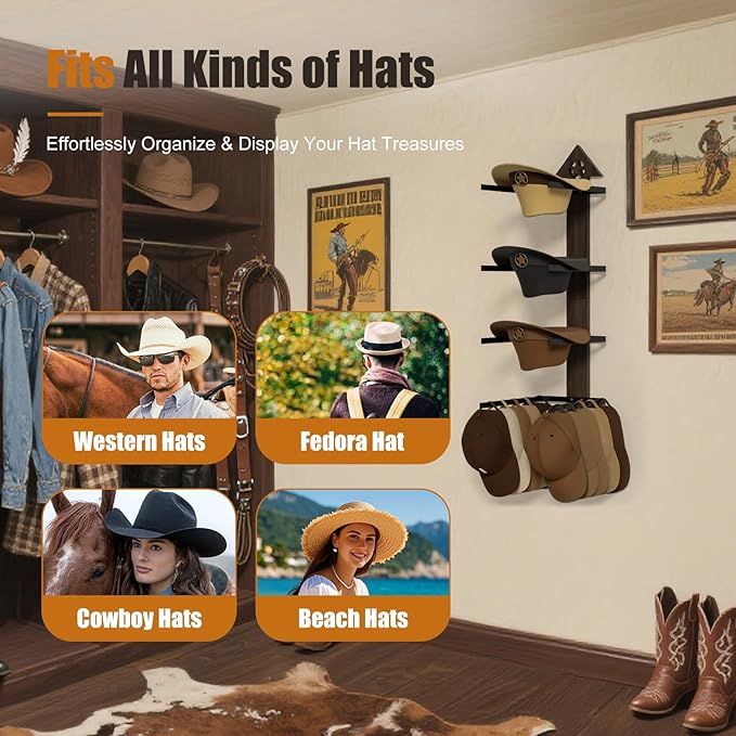 Cowboy Hat Rack -Cowboy hat holder for wall With Heavy- Organize and Display Your Hats with Ease, Wall Mounted Hat Hanger Western Decor for Cowgirl Hats- Ideal Western Decor