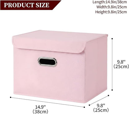 STOREONE Fabric Storage Cube Bins Foldable Organizer Container Collapsible Basket with Lids and Metal Handles, for Home, Bedroom, Closet 6 Pcs (multicolour-light pink)