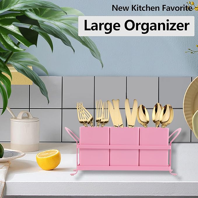 NelyBet Metal Silverware Caddy,3 Compartment Utensil Holder With Metal Rack,Utensil Caddy Flatware Cutlery Organizer for Countertop Party Picnic Camping Outdoor Pink