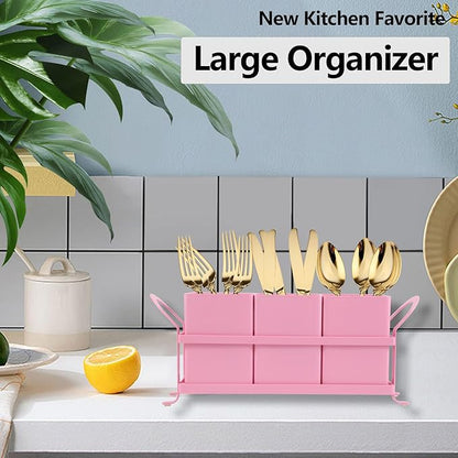 NelyBet Metal Silverware Caddy,3 Compartment Utensil Holder With Metal Rack,Utensil Caddy Flatware Cutlery Organizer for Countertop Party Picnic Camping Outdoor Pink