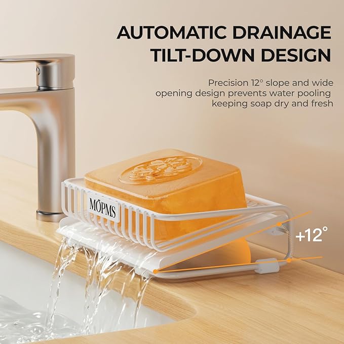 Self Draining Soap Dish, Carbon Steel Bar Soap Holder for Shower, Waterfall Design Soap Saver for Bathroom, Kicthen Sink and Countertop